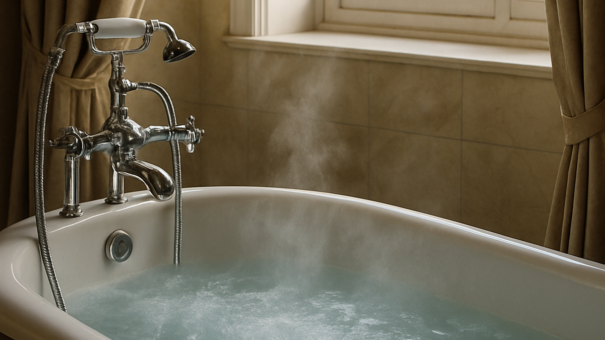 luxury-tub-cropped-horizontal Luxury bathtub filled with steaming hot water, showcasing endless hot water benefits of tankless water heaters in Southington, CT.